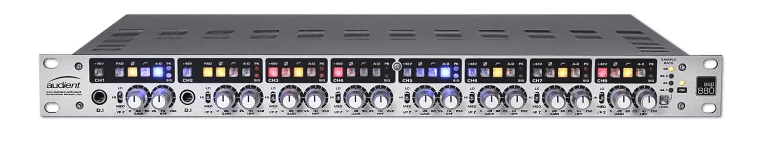 Audient ASP880 8‑Channel Mic Preamp & ADC – Class‑A Console Preamps with Inserts, JFET DI & ADAT