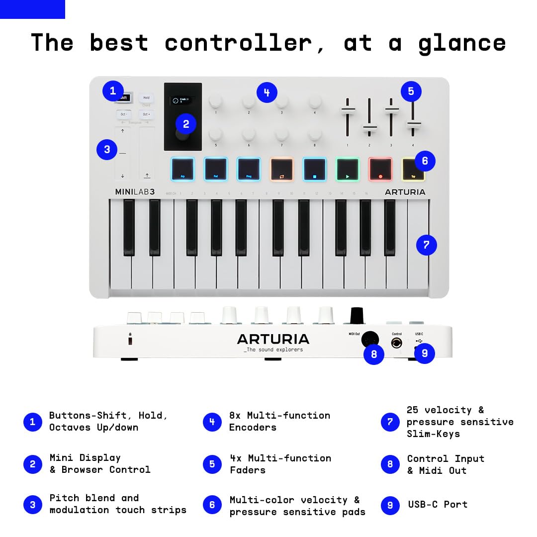 Arturia MiniLab 3 25-Key MIDI Controller – Portable USB Keyboard with Pads, Knobs, and Software Bundle