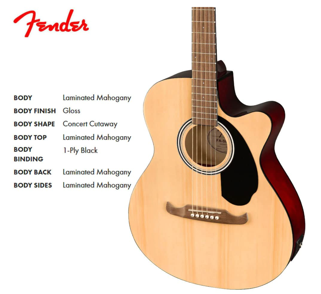 Fender 0971253521 Concert Cutaway Electronics FA135CE Natural Acoustic Guitar