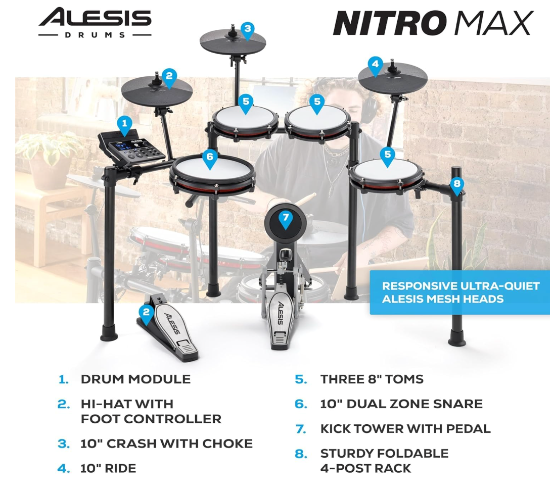Alesis Nitro Max Electronic Drum Set | 8-Piece Mesh Kit with 440+ Drum & Percussion Sounds, 32 Preset Kits, USB/MIDI Connectivity, Drum Coaching & Learning Features