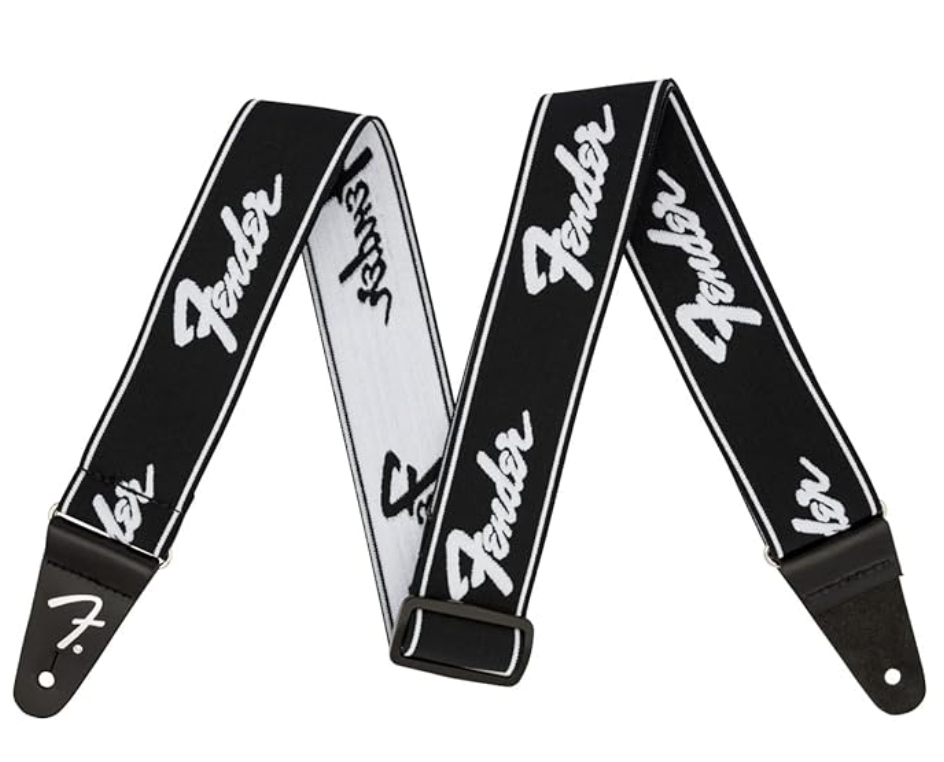 Fender 0990642074 2" WeighLess Running Logo Guitar Strap Black/White